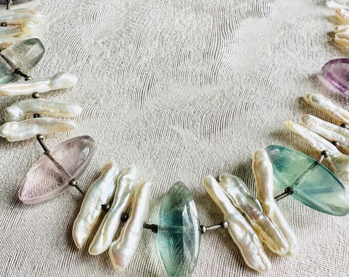 2000s Vintage Fluorite and Freshwater Pearl Necklace, Sculptural Summer Jewellery, Artisan Beach Style, Holiday Fashion, One of a Kind
