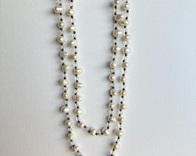 Elegant, Freshwater Pearl Necklace with Crystal Spacers | Pre-loved Real Pearl Strand | Classic Vintage Style Jewellery | Single Strand
