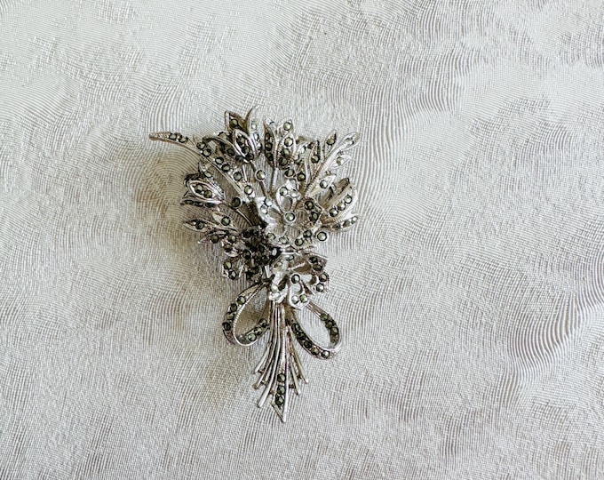 Vintage Exquisite Marcasite Floral Brooch | Silver Tone Bouquet Pin | 1950s–60s  | Mid-Century Jewellery