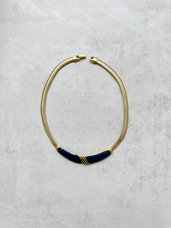 Vintage Bergdorf Goodman gold and navy enamel collar necklace, 1980s bold snake chain statement choker, gift for her, retro jewellery