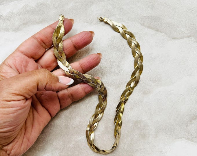 90s Y2K Gold Tone Braided Chain Necklace Soft Flat Herringbone Woven Statement