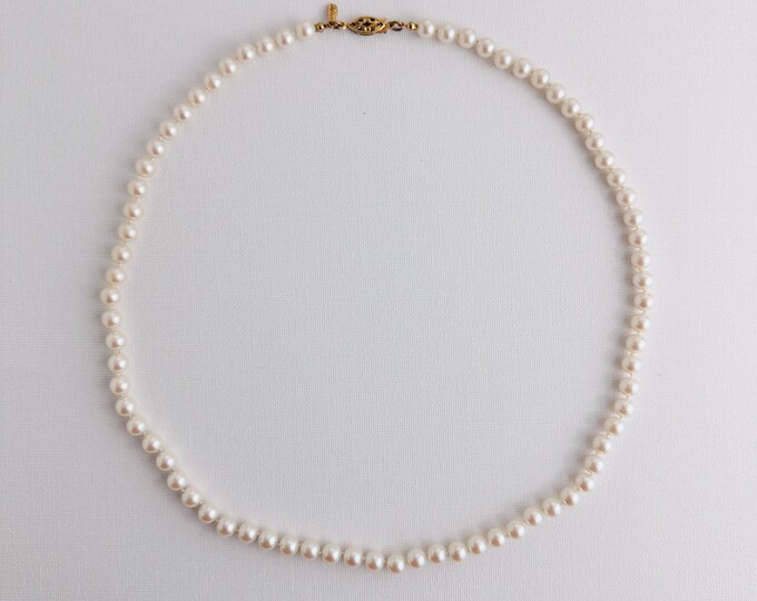 Vintage Napier Faux Pearl Necklace | Single Strand Creamy Glass Pearls | Gold Filigree Clasp | Midcentury Bridal Jewelry | Classic Elegance