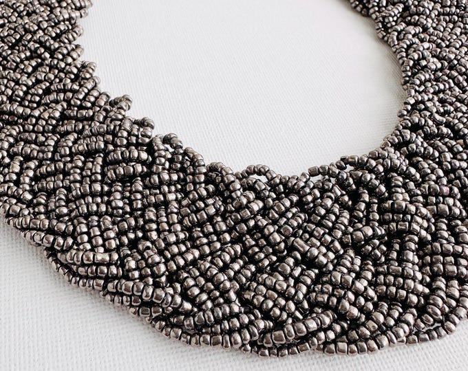 Gunmetal Beaded Statement Necklace, Chunky Boho Woven Collar, Vintage-Inspired Multi-Strand Jewelry, Festival Glam Statement Choker