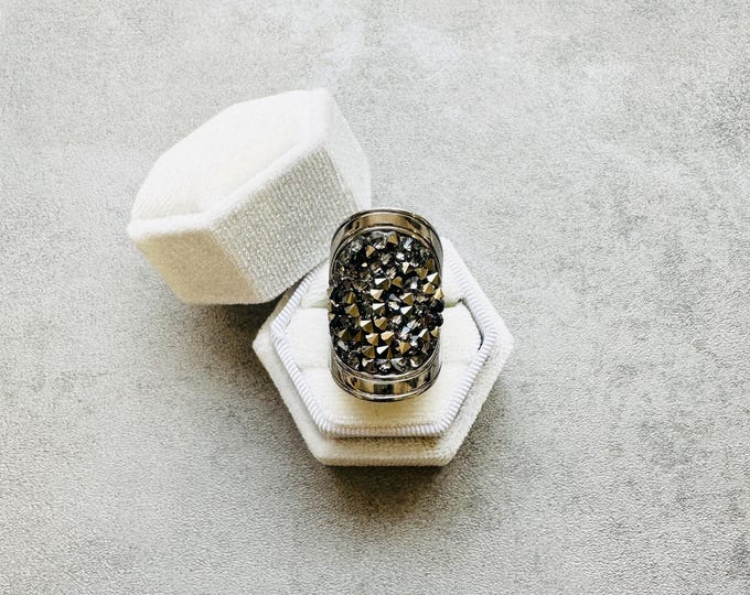 Signed Dyrberg/Kern ring, silver dome with faceted crystals, statement cocktail jewellery, bold designer piece, gift for her