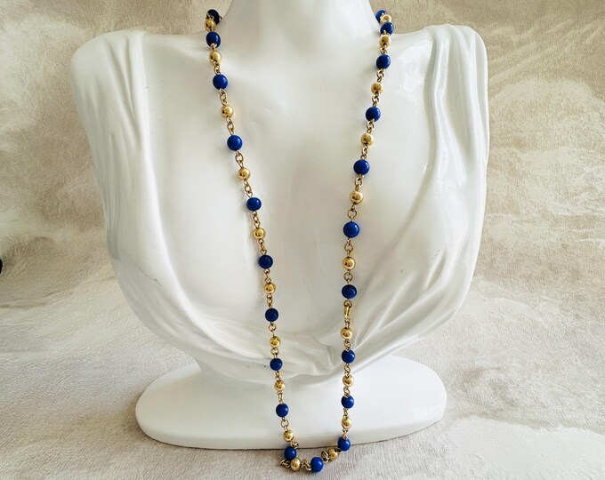 Vintage Cobalt Beaded Chain Necklace, Gold-Tone & Blue Glass, 90s Elegant Style, Minimalist Retro Statement, Minimalist, Pre-Loved Jewellery