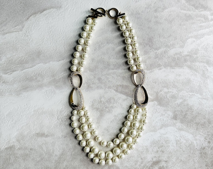 Stunning Anne Klein faux pearl necklace, gold-tone & rhinestone clasp, statement piece, formal jewellery, gift for her, wedding style