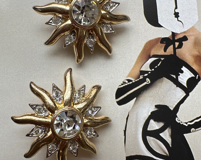Vintage 1980s Gold Starburst Clip On Earrings, Crystal Sunburst Statement Jewellery, Runway Glamour Earrings, Bold Clip Ons, Gift for Her