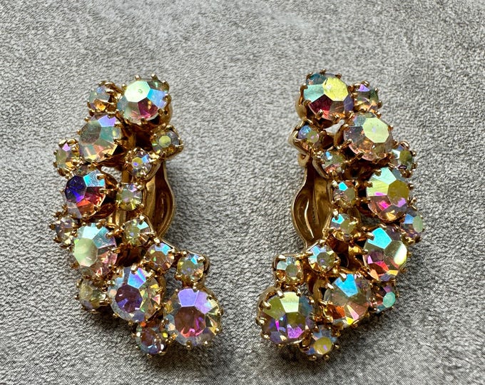 Weiss Aurora Borealis Earrings, Vintage Crystal Ear Hugger Clip Ons, 1.2 Inch