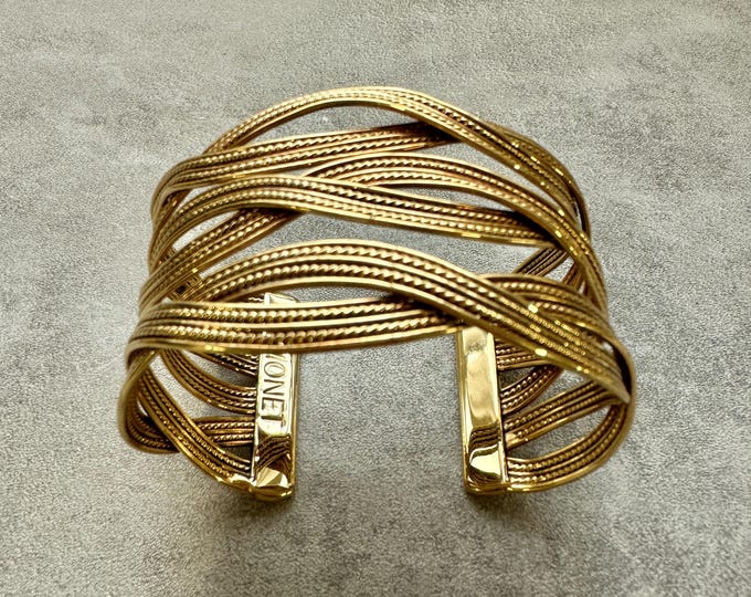Monet Signed Vintage Gold Plated Cuff Bracelet, Wide Statement Bangle, 1970s Collectible