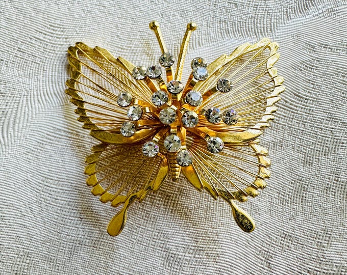 Vintage 1980s Monet Gold Butterfly Brooch, Crystal Rhinestone Wings, Simple Statement Pin, Gift for Her, Mid Century Sparkle, Spring Style