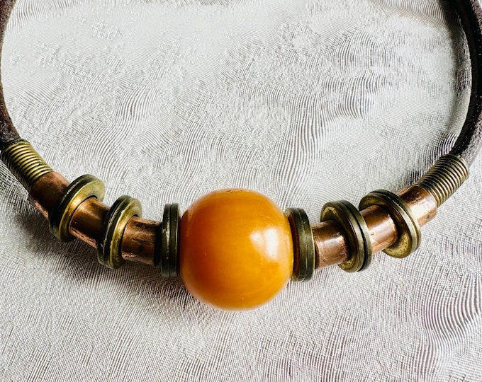 1970s Tribal Statement Necklace, Amber Resin Bead, Brass Rings and Wire, Rustic Artisan Industrial Choker