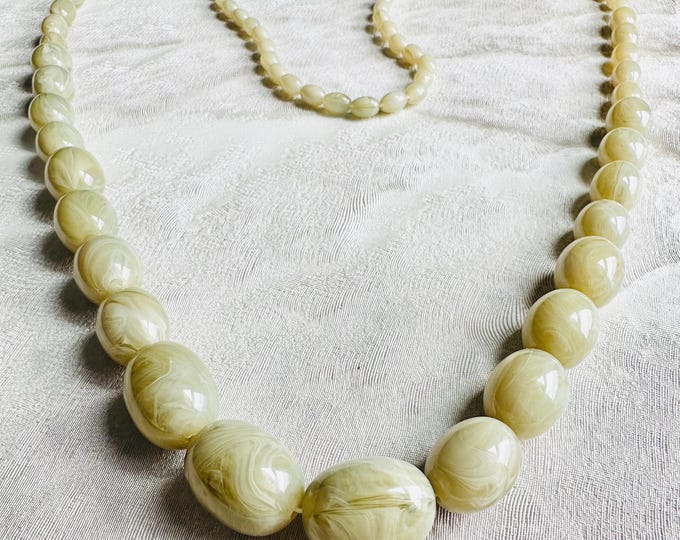 Vintage 1980s Long Marbled Resin Bead Necklace, Graduated Oval Beads in Soft Ivory Sage, Pre-loved Layering Jewellery