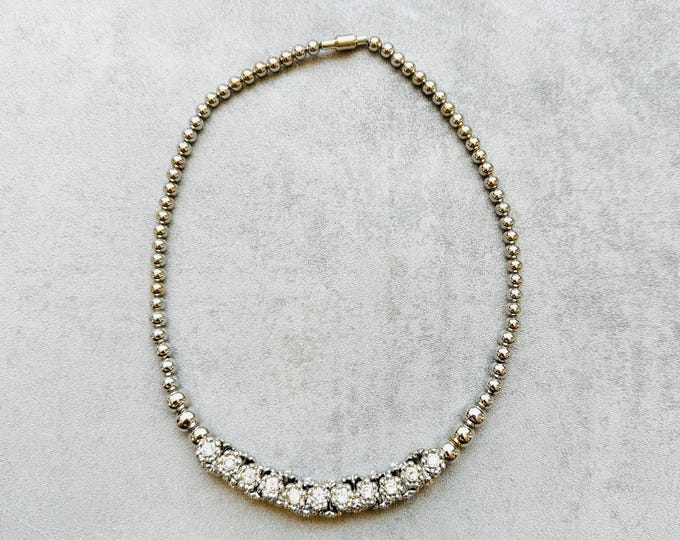 Pre-loved rhinestone cluster necklace, silver-tone beaded choker with magnetic clasp, vintage-inspired party jewellery, gift for her