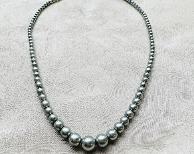 Vintage silver faux pearl necklace, graduated beads, rhinestone clasp, 1950s jewellery, gift for her