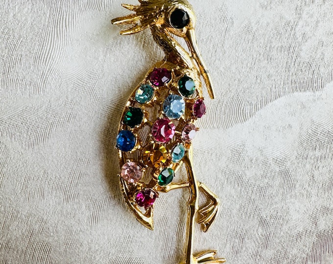 Vintage Colourful Crystal Bird Brooch, Gold Tone Heron Pin, Quirky Statement Jewellery, Mid Century Revival, Gift for Her, Fun & Bold