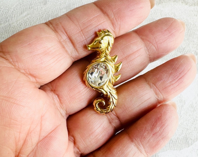 Gold Tone Seahorse Brooch with Crystal Belly Baroque Nautical Animal Pin Pre Lov