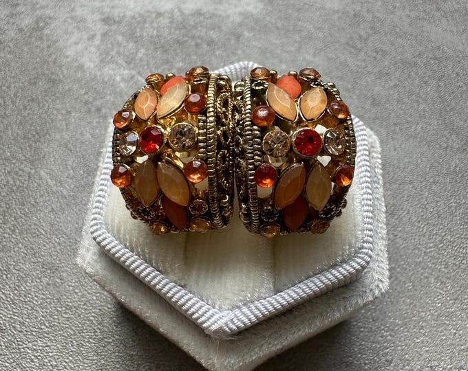Vintage 1960s Ornate Floral Clip On Earrings, Autumn Jewel Tones, Unsigned Boho Gold Filigree, Retro Gift for Her, Statement Studs