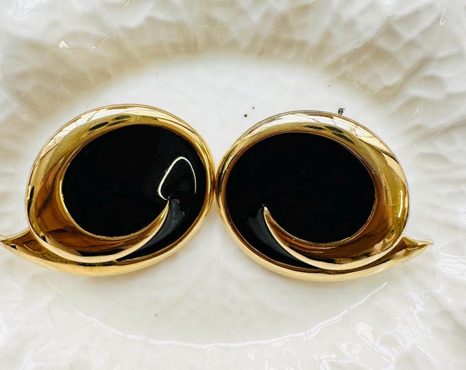 Vintage MONET Pierced Earrings, Black Enamel & Gold Swirl Studs, Signed 1980s Sculptural Statement Jewellery, Pre-Loved Glam