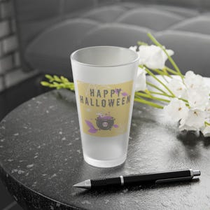 Halloween Frosted Pint Glass - Happy Halloween Design, Spooky Drinkware, Party Favor, Halloween Decor, Witch Theme, 16oz