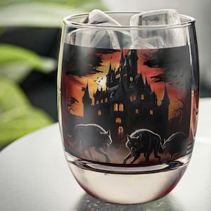 Haunted House Whiskey Glass - Bloodypaws Castle Design 1, Spooky Drinkware for Halloween Parties, Gothic Home Decor