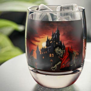 Haunted House Whiskey Glass - Bloodypaws Castle Design 2, Zombie Drinkware for Halloween Parties, Gothic Home Decor