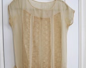 Antique flapper dress lace crepe ecru silk fabric semi sheer tabard 37 quot bust upcycle wedding roaring 20s schiffli cream
