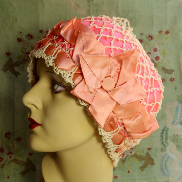 Antique silk ribbonwork cap irish crochet lace trim bonnet 1920s  pastel gold ruffles trim doll flappers