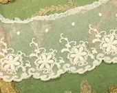 15 quot Antique cotton tulle tambour lace trim raised thread tulle intricate cream white flower pattern gorgeous doll dress trim 3.75 quot wide