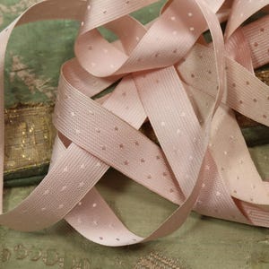 2 yards Antique silk satin ribbon lilac blush pink woven dots 5/8" wide ribbon millinery trim flapper doll dress hat cloche bonnet