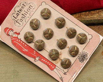 Antique rare card of 12 tiny glass buttons gray taupe gold 3/8" art deco embossed Czech  new old stock