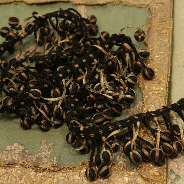 200+ bobbles 3/8" Antique gorgeous rich silk metal black gold 30" trim circus collar french doll flapper 1900s 1920 edwardian millinery