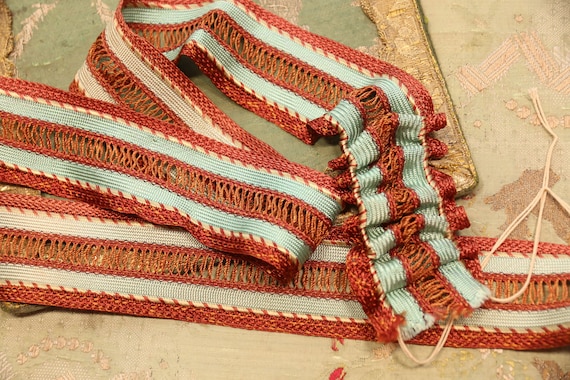 1 yard fabulous antique 1 7/8" wide ruching ribbon trim aqua rust millinery braid gathering art deco egyptian revival doll trim millinery