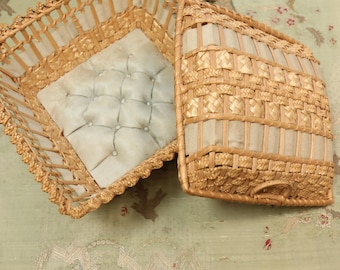 Antique silk sewing straw basket duck egg blue tufted display sewing room gorgeous weave woven golden straw ribbons trim french dolls