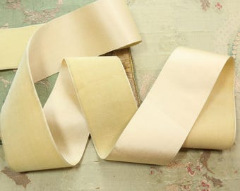 1.25 yards Antique silk velvet satin ribbon trim soft warm celadon  yellow green shade 2.25"  wide  millinery doll hat projects