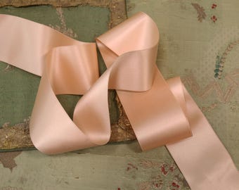 1 yard antique lush pure silk double face satin ribbon 2 3/8" wide soft blush pink shade ribbonwork doll flower rosette millinery hat trim