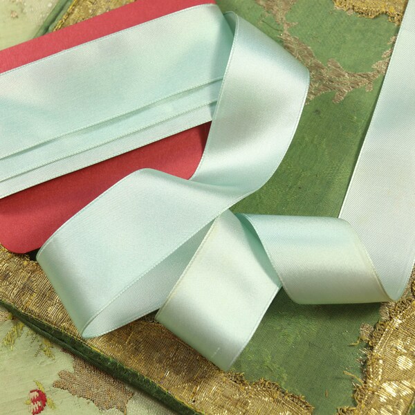 3 yards vintage  woven ribbon duck egg aqua blue satin rayon millinery trim 1 5/16" wide soft silky millinery hat baby bassinet