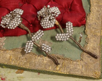 Antique lot 1920s metal applique rhinestone flowers millinery 3-d roses dress sash art deco paste 4"  hat ornament brass flapper