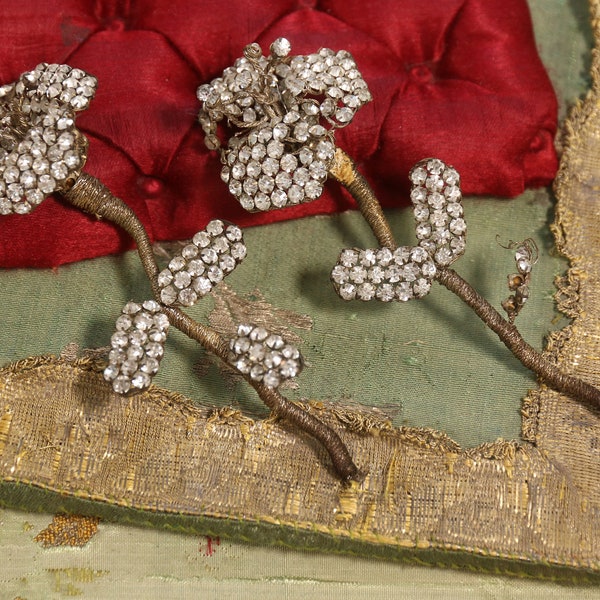 Antique lot 1920s metal applique rhinestone flowers millinery 3-d roses dress sash art deco paste 4"  hat ornament brass flapper