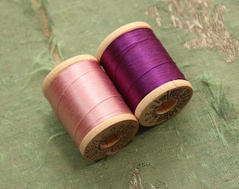 Vintage lot 2 pure silk thread spools pink violet purple fly tying dolls belding 50 yard sewing tying doll rod winding millinery corticelli