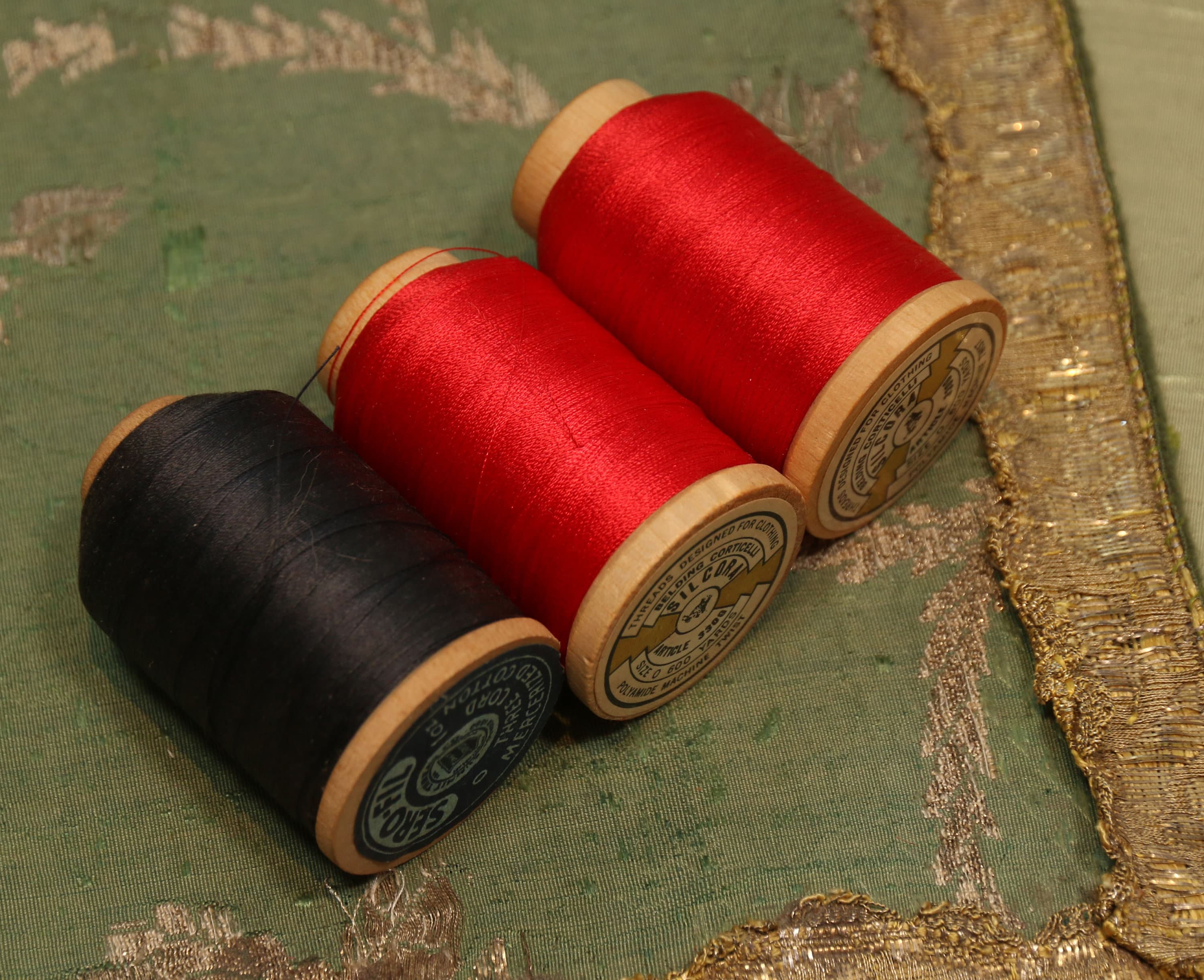 3 Vintage Spool Lot Silcora Beading Sewing Thread Red Polyamide 500 Yards  Black Cotton Family Belding Corticelli 