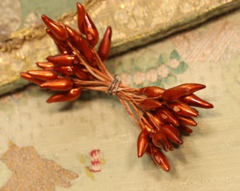 Vintage metallic copper rust shade stamens large bundle colored buds millinery stamen fine tiny unique  flower ribbonwork projects