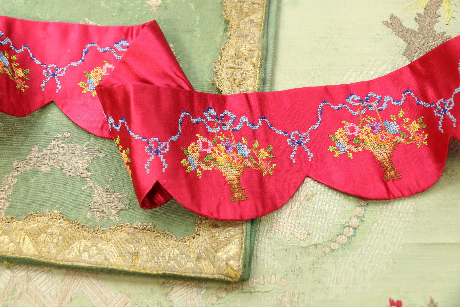 Antique Lush Silk Cross Stitch Ribbon Basket Flower Pink Etsy