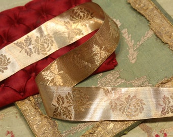 Antique real metal lame roses ribbon flapper fabric gold 1.5" wide woven dress material 1920s dress bodice doll trim