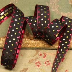 Vintage 1 yard rayon woven dot ribbon trim circus red black white yellow millinery 1&quot; wide hat trim flapper cloche