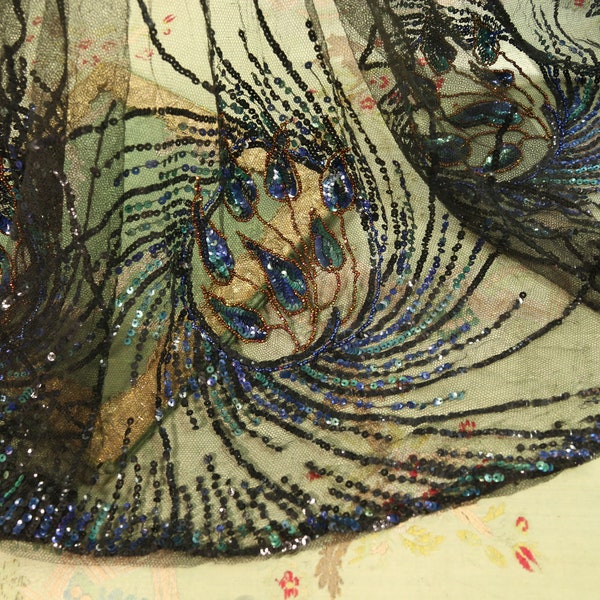 Antique 36x22" lovely beaded gelatin sequin millinery skirt net tulle 1910s edwardian flapper cloche bonnet black 1920 peacock copper blue