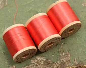 Vintage lot 3 pure silk thread spools 4035 coral red  fly tying dolls belding sewing tying doll rod winding flapper millinery corticelli