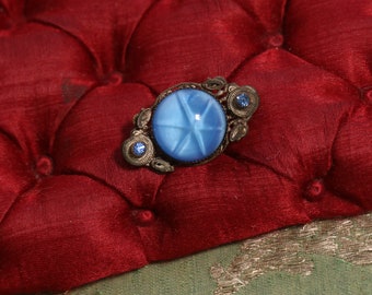 Antique glass faux moonstone trim pin brooch cornflower blue flapper Victorian edwardian dress millinery  silver sparkle