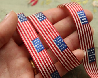 1 foot silk flag ribbon badge making ribbonwork appliques satin woven patriotic American motif stripe star blue white red