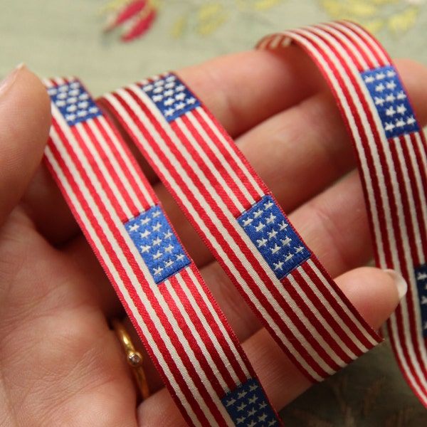 1 foot silk flag ribbon badge making ribbonwork appliques satin woven patriotic American motif stripe star blue white red