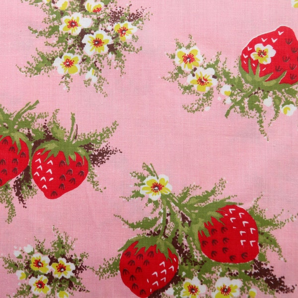 Vintage 1940s cotton strawberry pink  fabric red white green berries  35" wide material sewing